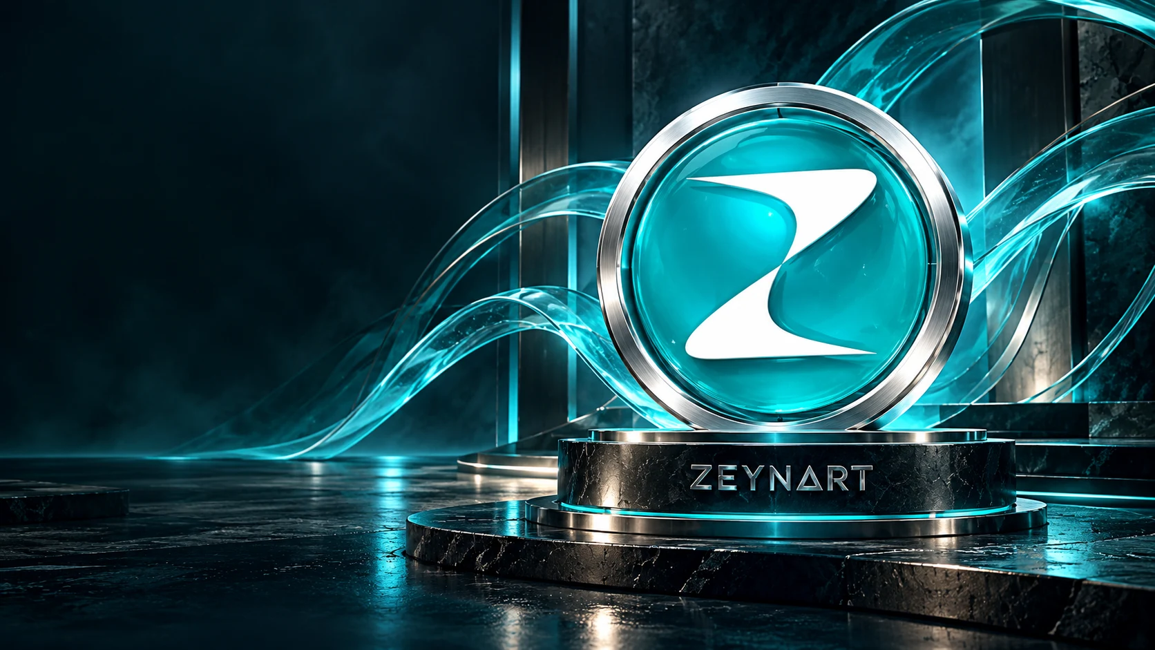 Zeynart’ın turkuaz cam ve metal detaylarla tasarlanan üç boyutlu amblemi